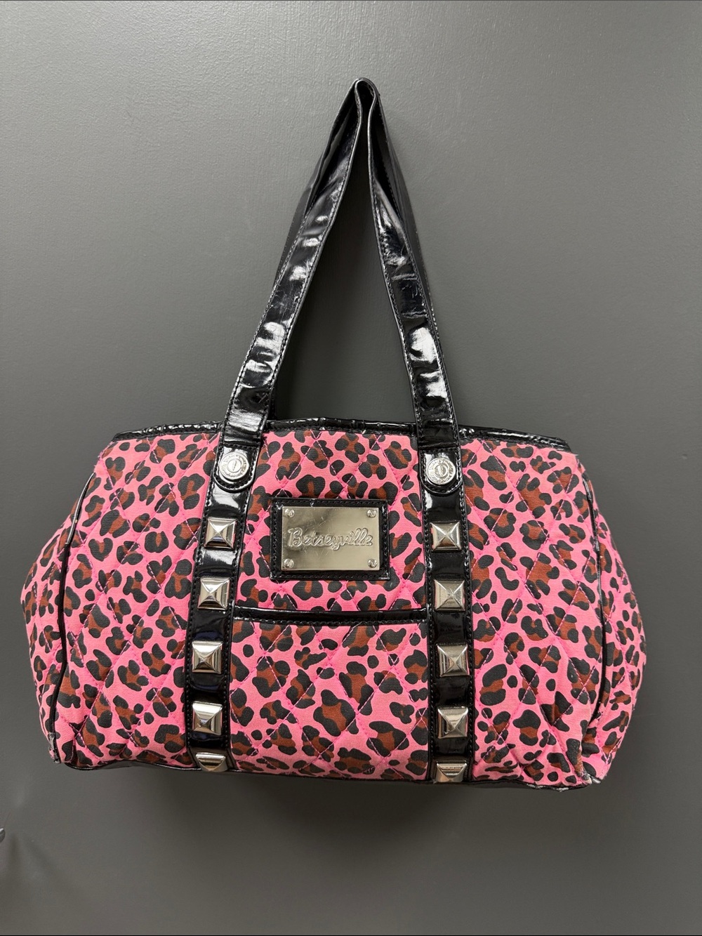 Betsey Johnson Pink Leopard Print Shoulder Bag with Black Patent Trim